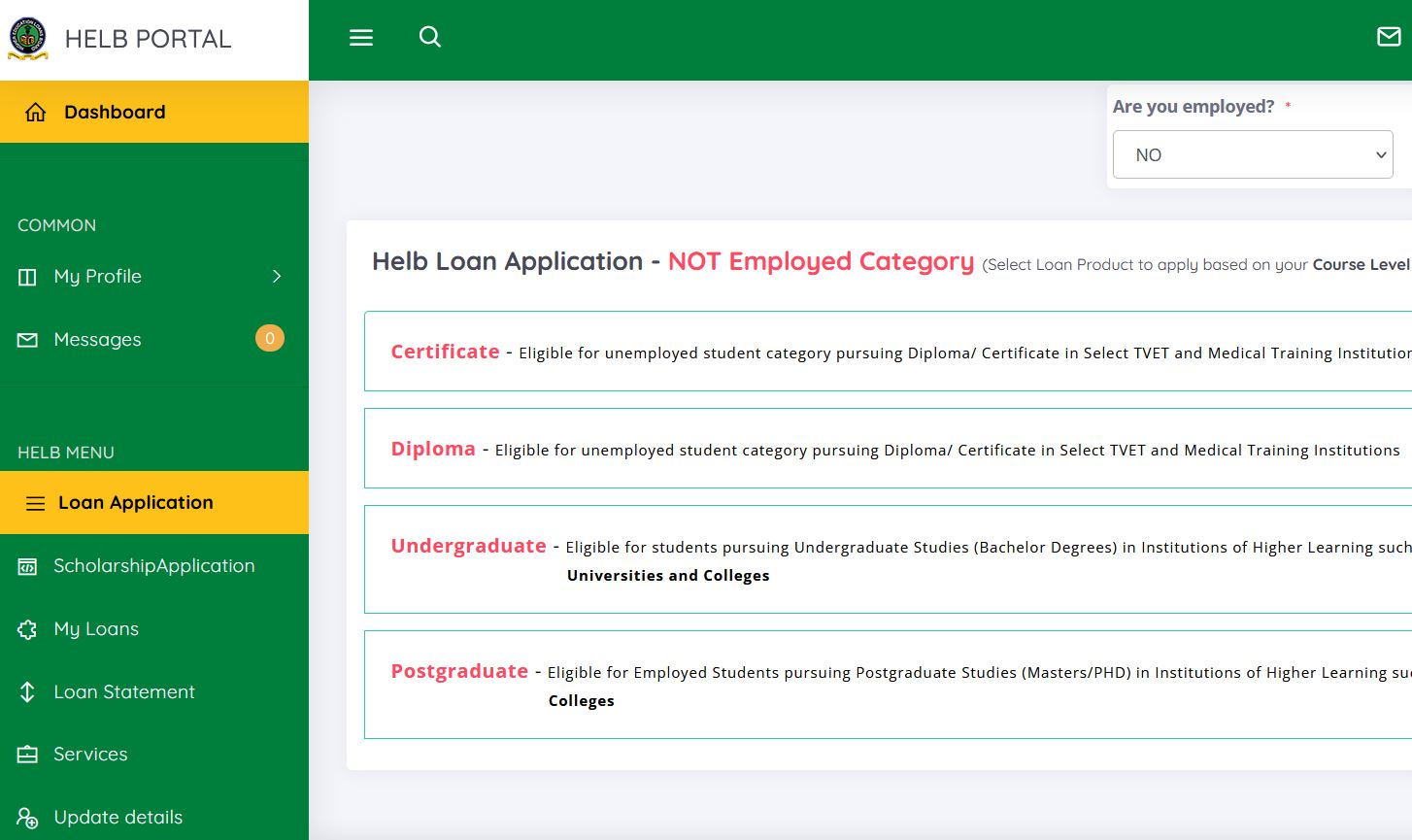 HELB loan TVET institutions application procedure