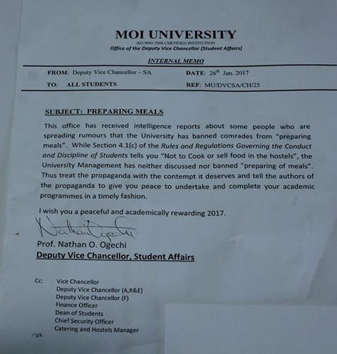 moi university on meals hostels