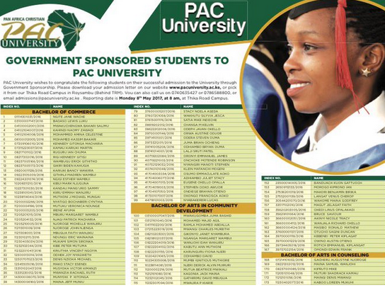 Pan Africa Christian University, PAC 2017 KUCCPS Admission letters, fee structure