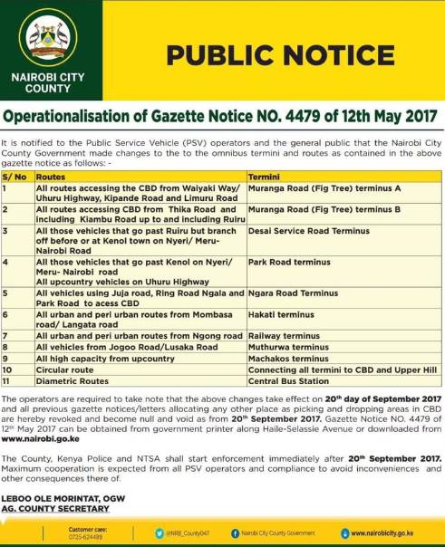 Nairobi CBD PSV Ban notice and new routest