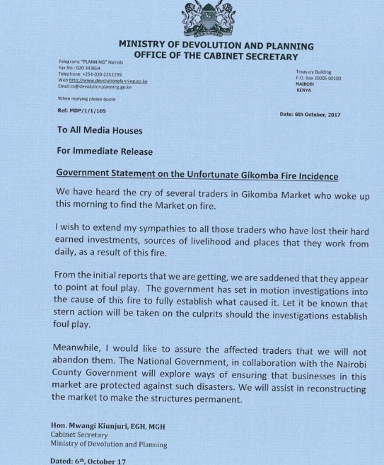 Government Issues Statement on Gikomba Fire