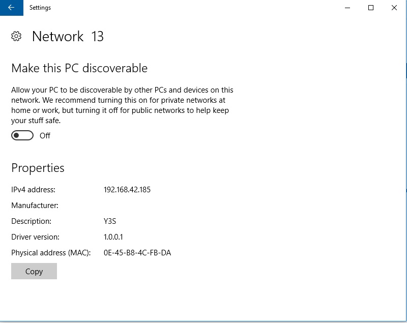 Make PC discoverable or not setting in Windows 10