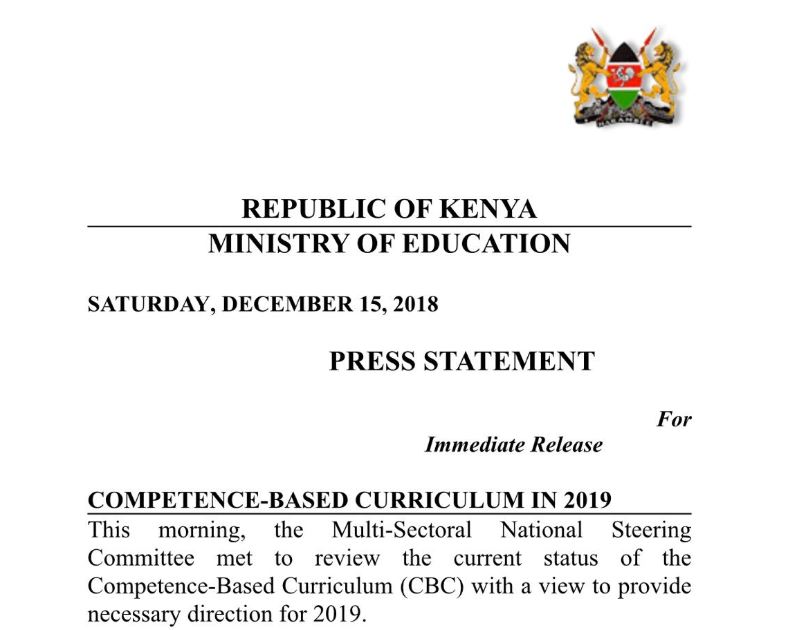 Education CS Amina Mohamed Statement on the on postponement of competency based curriculum (CBC) implementation to 2020