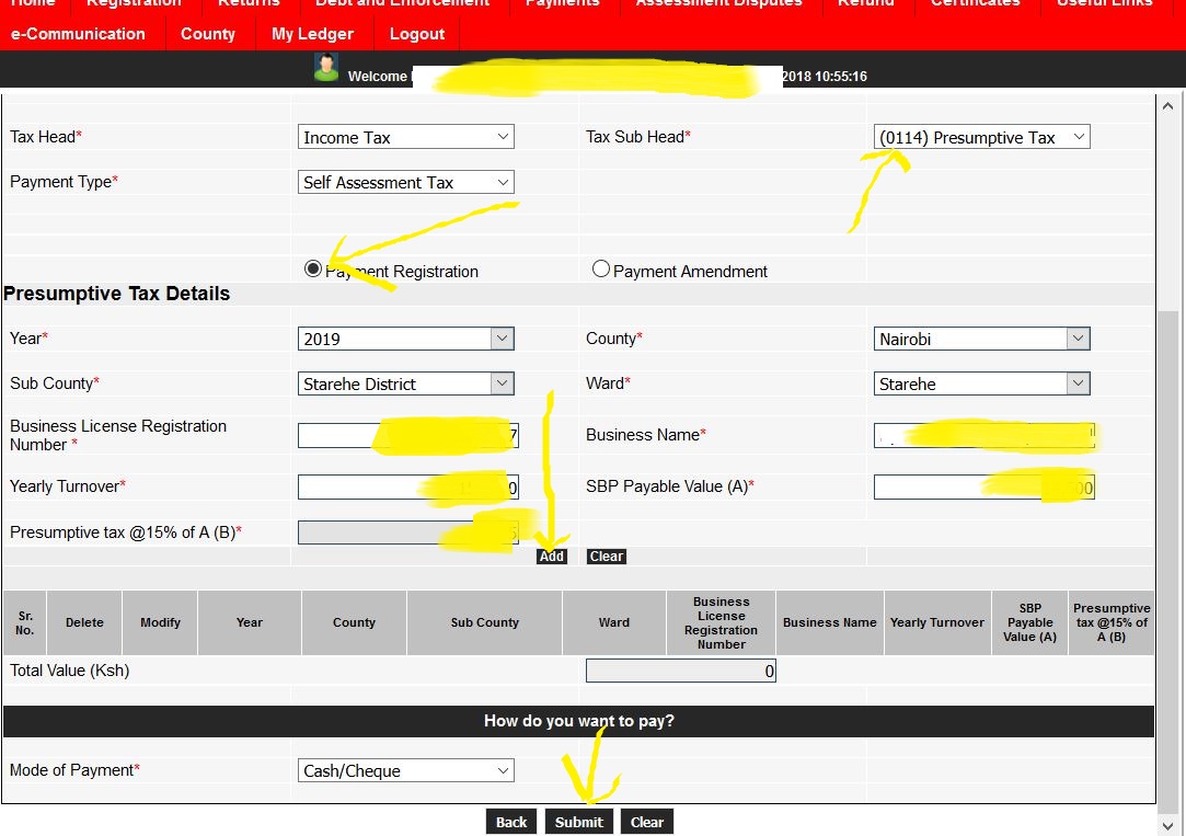 Presumptive Tax Business Registration and submission details