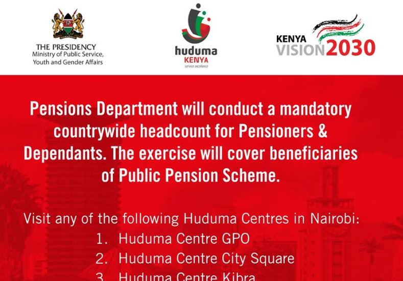 Kenya Public Pensions Scheme 2019 Headcount for Pensioners and Dependents (Dates and Location in each county)