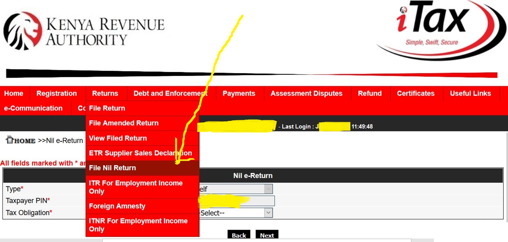 KRA File nil returns page on itax portal for campus student