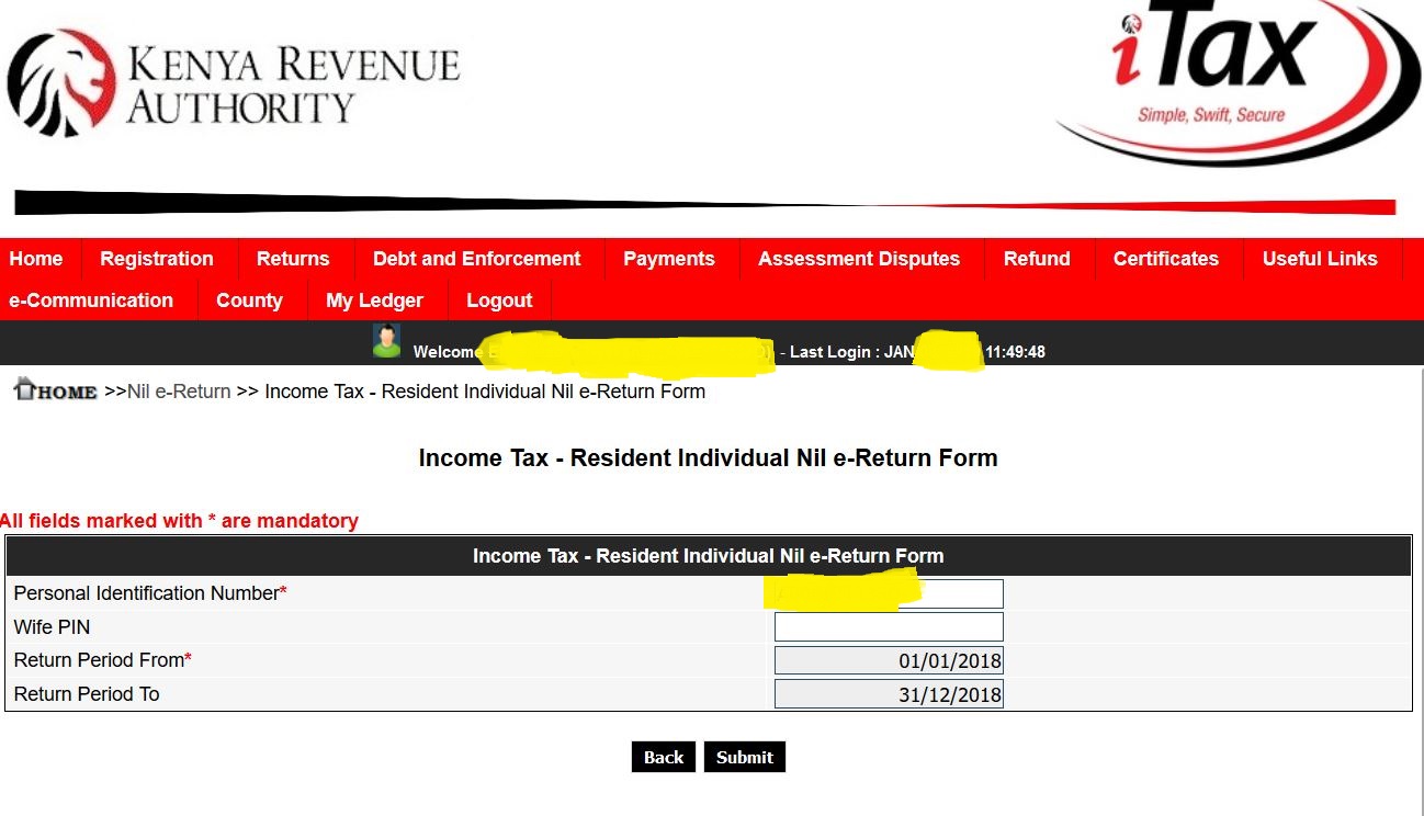 KRA year of tax filing submission page for university students