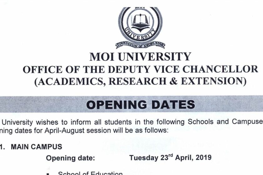 Update on Moi University Opening dates, 2019 for All campus and Schools