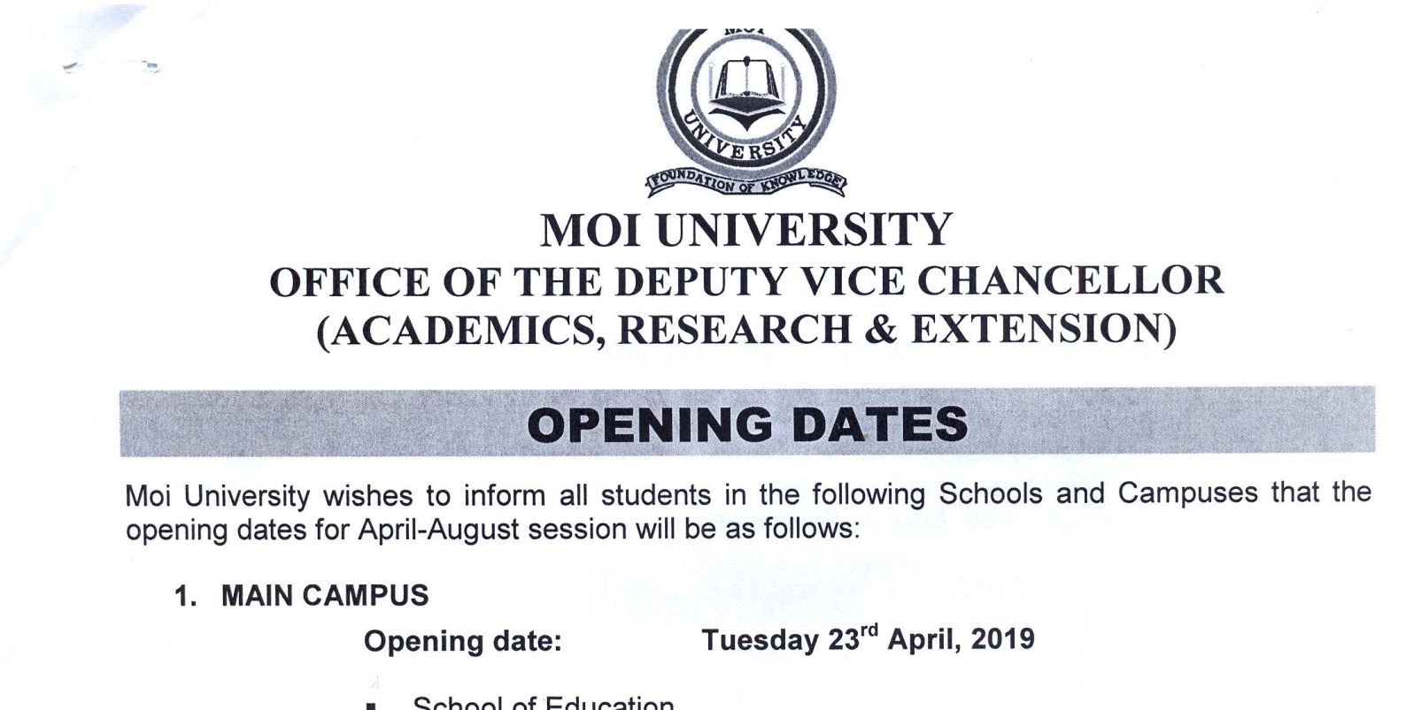 Update on Moi University Opening dates, 2019 for All campus and Schools