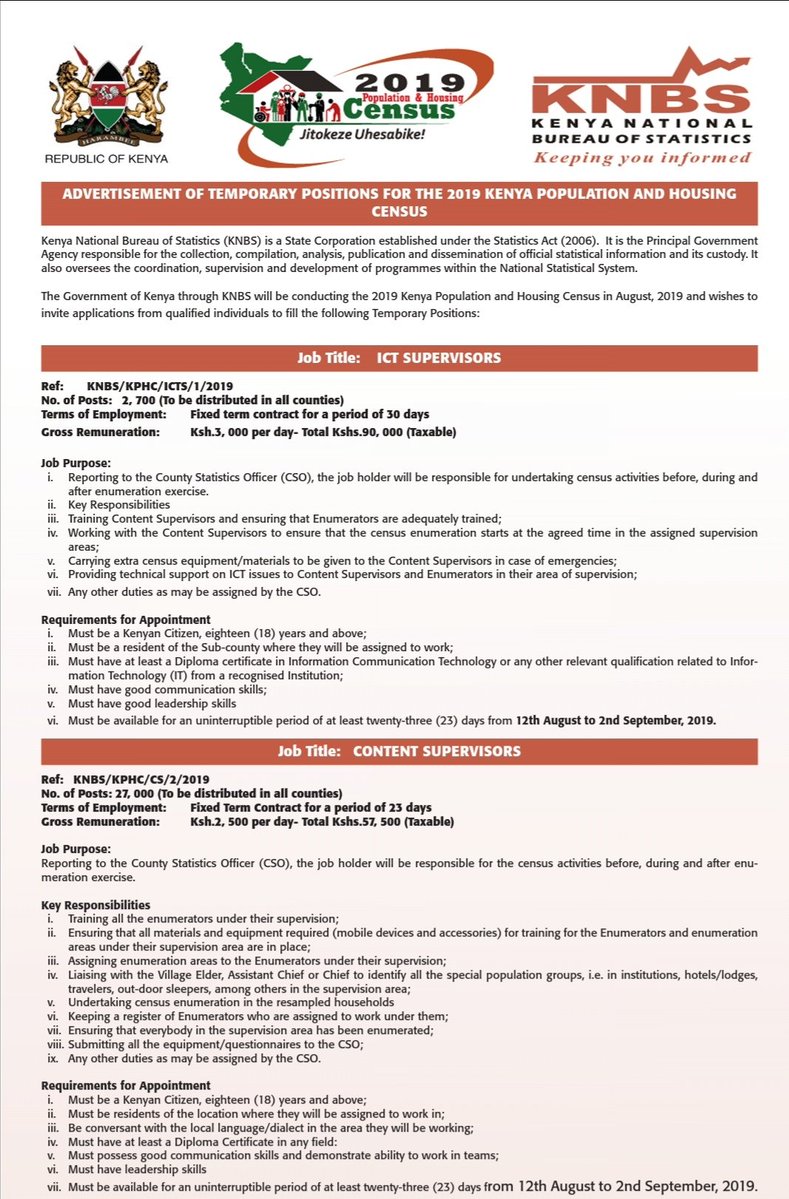 Census 2019 Job application for ICT and content supervisors