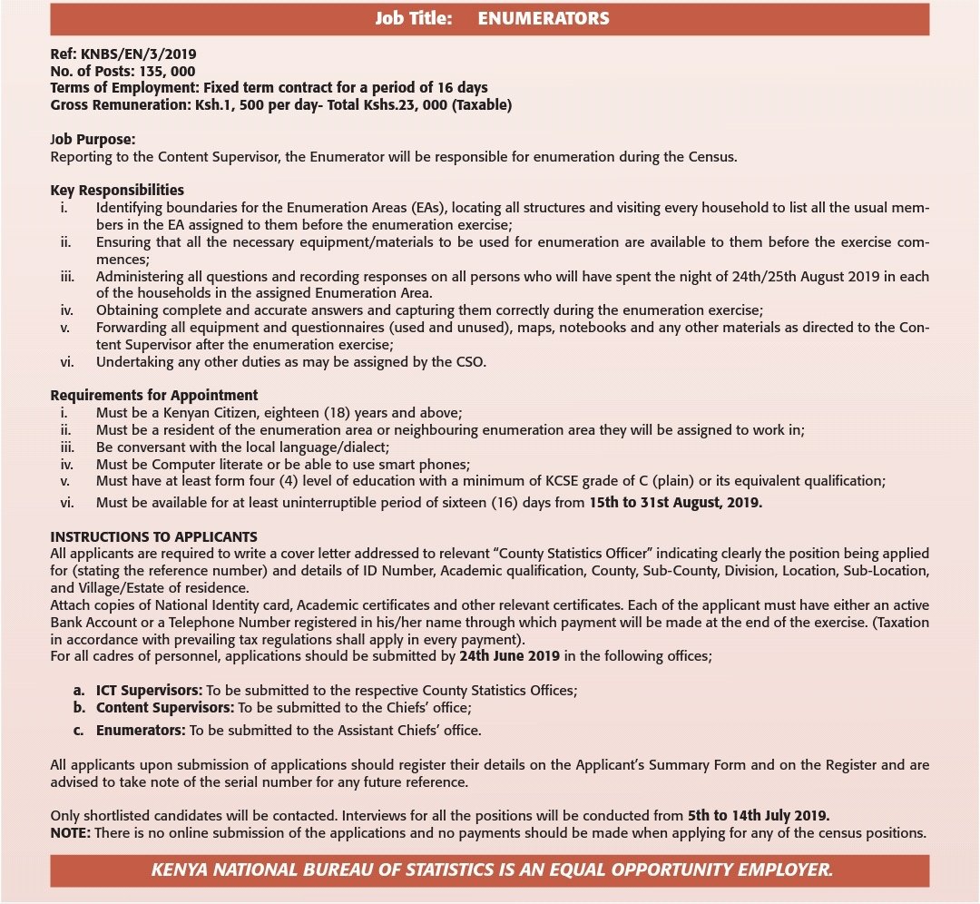 2019 Kenya Census job application requirements for enumerators