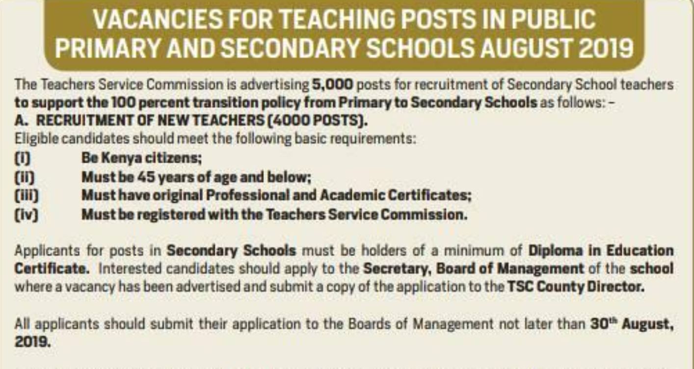 August 2019 TSC Teaching Vacancies for Primary, Secondary teachers and how to apply