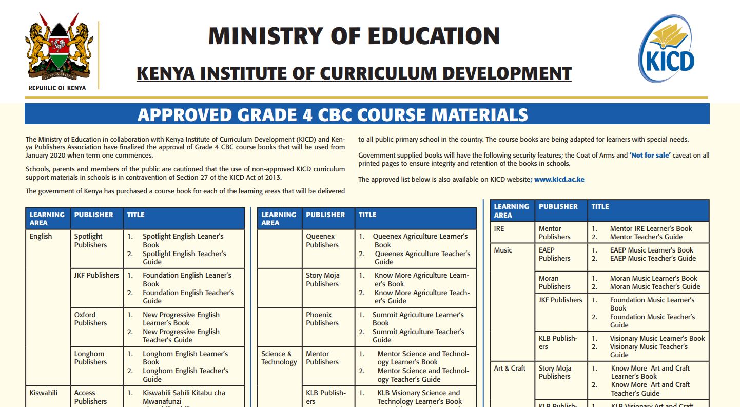 Grade 4 textbooks that have been approved by KICD for CBC learning material