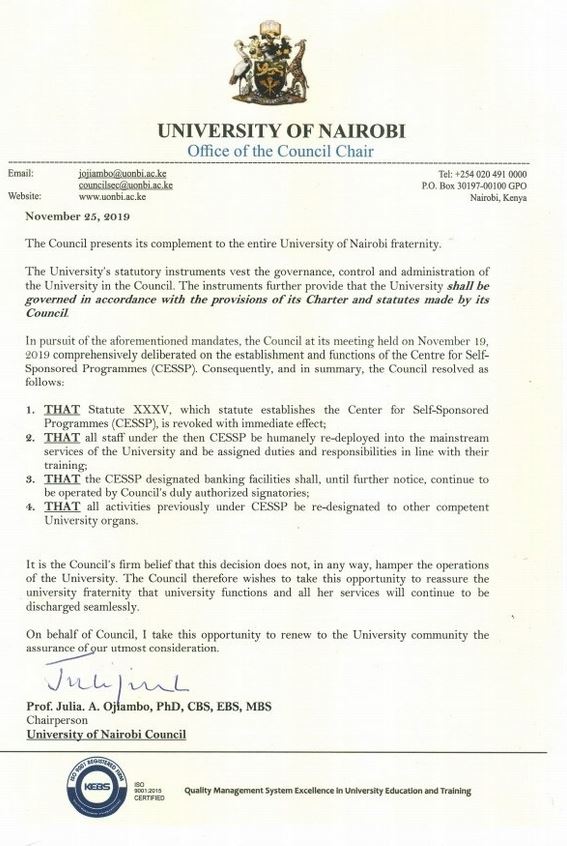 Notice of University of Nairobi suspension of Centre for Self-sponsored programmes (CESSP)