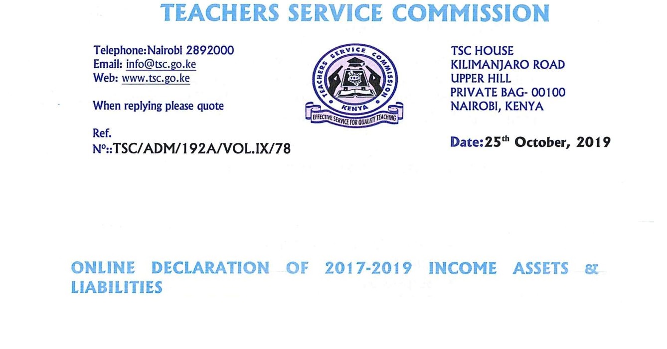 TSC Online Wealth Declaration 2019 Circular for teachers