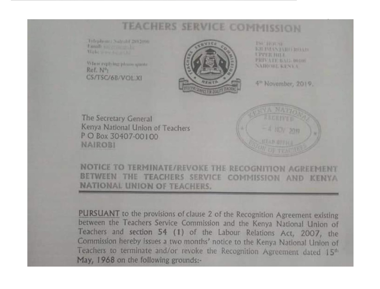 TSC notice to terminate KNUT and bring the union to an end