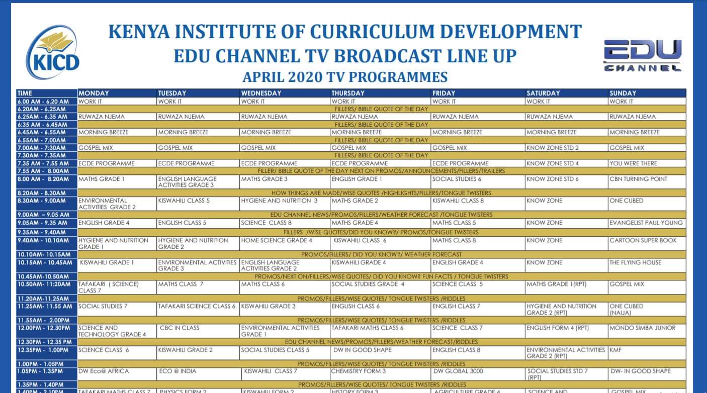 EDU TV Programme Lineup, KICD Learning Channel Timetable