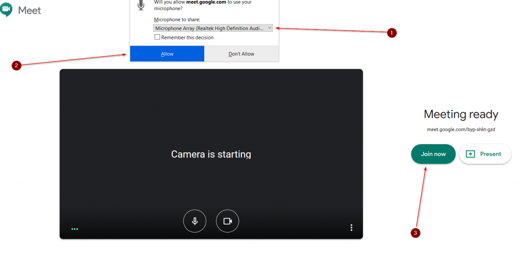 Allow Google Meet to use Microphone and Camera