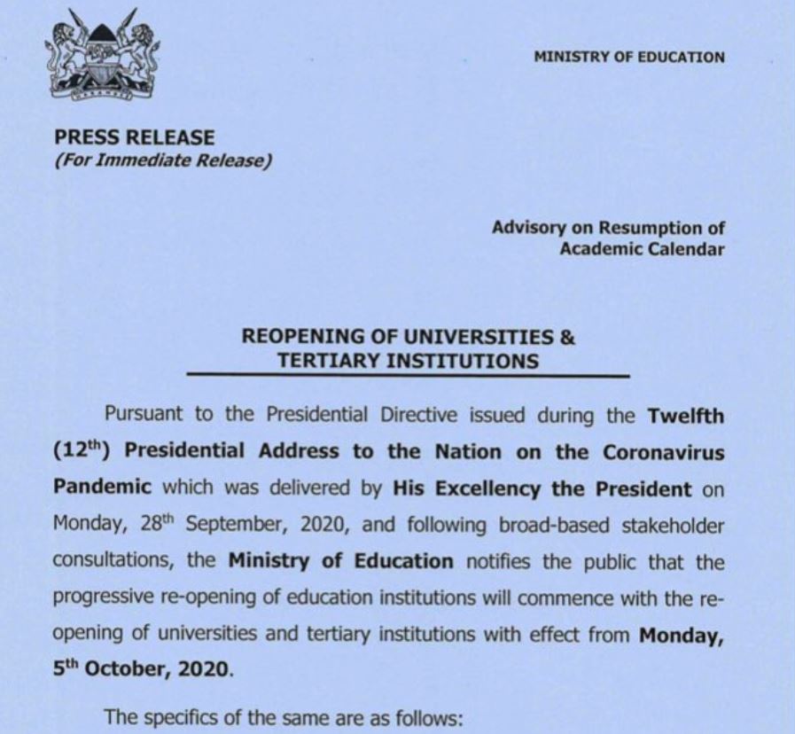 Ministry of education press release on re-opening schools