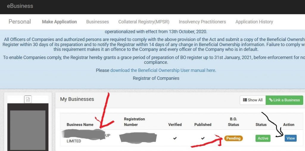 pending Beneficial Ownership information status