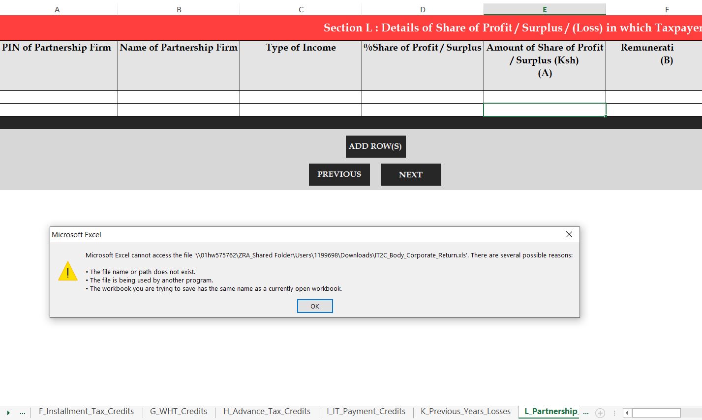 KRA corporate Tax Filing microsoft excel error solution