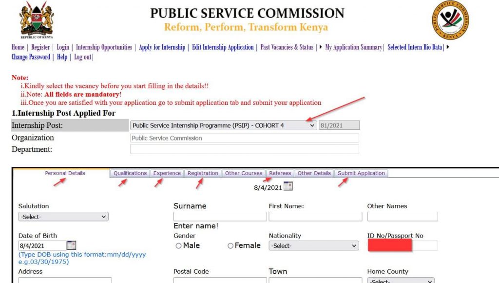 PSC internship online application form