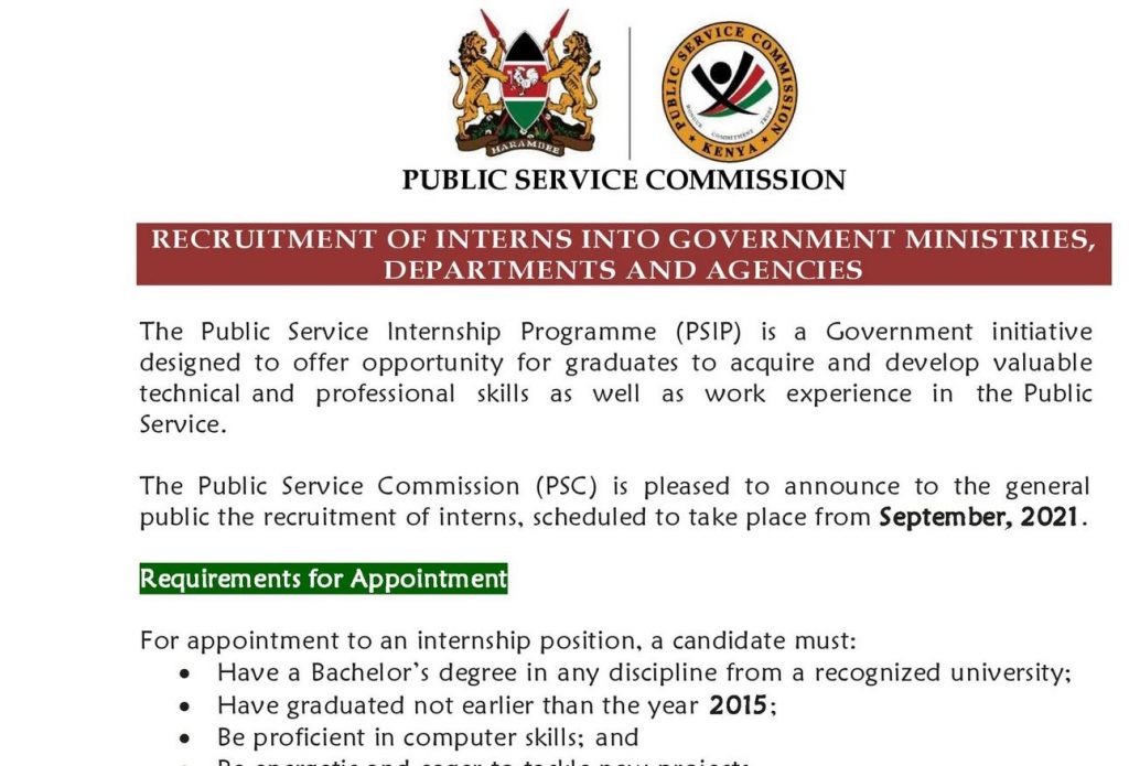 Public service internship programme (PSIP) 2021 application via PSC jobs portal