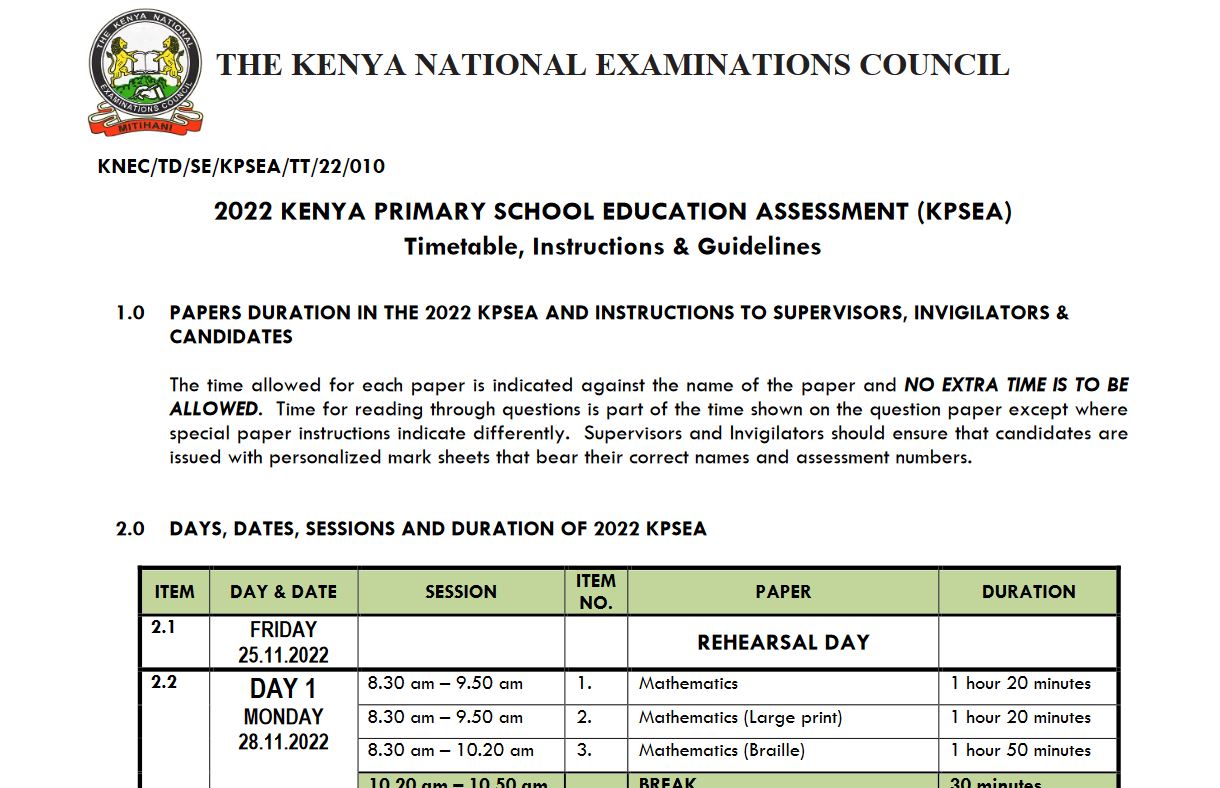 KNEC KPSEA 2022 Timetable pdf with all subjects