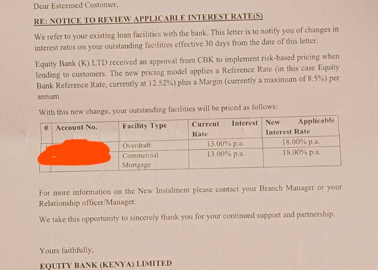 Equity Bank Interest Rates for overdraft and mortgage loans