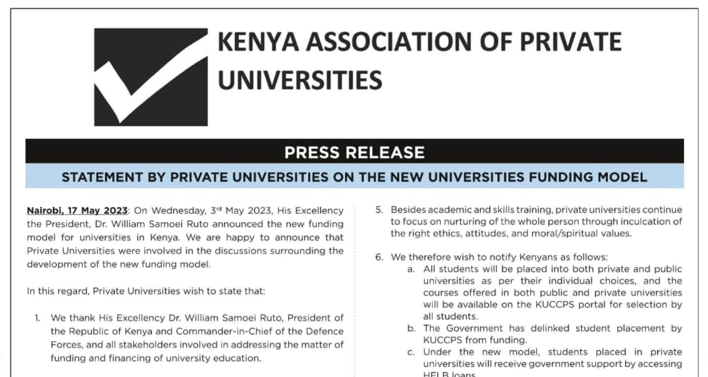 Private universities on KUCPPS students school fees