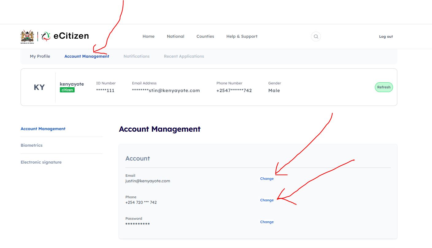 change ecitizen email, phone and password login details