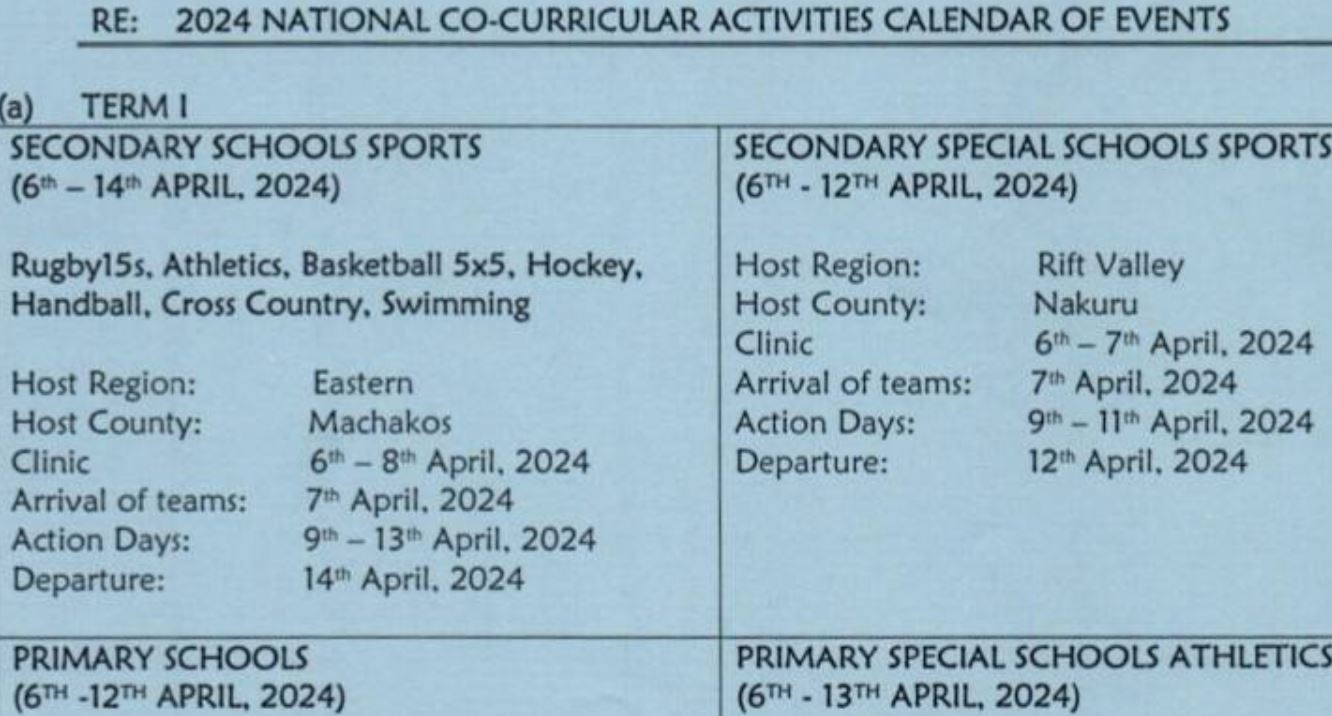 2024 Co-Curricular Activities Calendar for Secondary and Primary Schools in Kenya