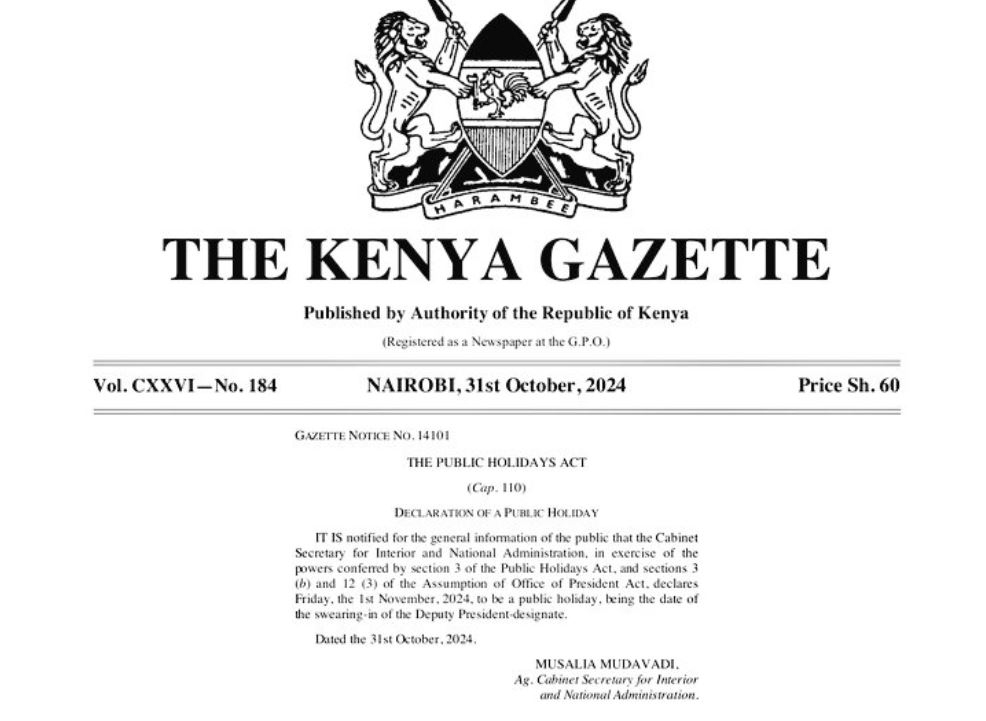 Novermber 1st 2024 public holiday gazette notice in kenya